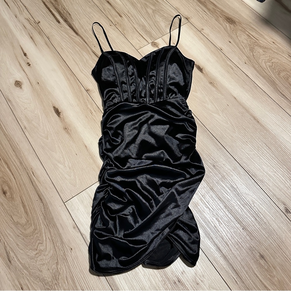 Satin stretch black mini dress